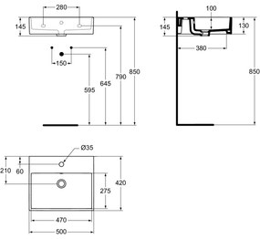 Lavoar suspendat alb 50 cm, dreptunghiular, orificiu baterie si preaplin, Ideal Standard Strada 500x420 mm