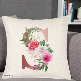Cadou Personalizat - Perna Personalizata Monograma Rose Gold Litera S, 40x40 cm, Crem Reliefat, Husa Detasabila, Perna Inclusa, BEKZ®