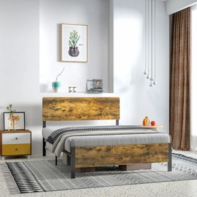 Cadru de Pat HOMCOM Stil Industrial | PAL cu Tablie la Cap și Suport cu Lamele | Spațiu de Depozitare | 149x207x104 cm | Maro | Aosom Romania