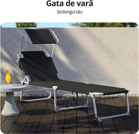 Șezlong de grădină HAWAII cu copertină reglabilă, 195x60x30cm, negru Casaria