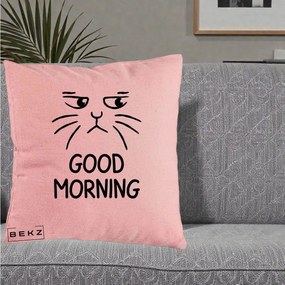 Perna Decorativa Pisica Morocanoasa Good Morning, 40x40 cm, Roz, Husa Detasabila, Perna Inclusa, BEKZ®
