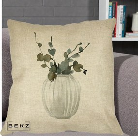 Perna Decorativa Vaza cu Eucalipt Watercolor, 40x40 cm, Crem, Husa Detasabila, Perna Inclusa, BEKZ®