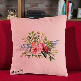 Perna Decorativa Buchet Flori Acuarela Roz-Verde, 40x40 cm, Roz, Husa Detasabila, Perna Inclusa, BEKZ®