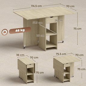 HOMCOM Masă pliabilă pentru 2-4 persoane, masă cu roți și compartiment deschis și sertar, ideală pentru spații mici, lemn natural | Aosom Romania