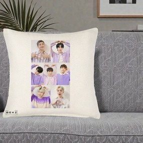 Perna Personalizata K-pop BTS Colaj 7 Portrete cu Inimi Lila, 40x40 cm, Crem Reliefat, Husa Detasabila, Perna Inclusa, BEKZ®
