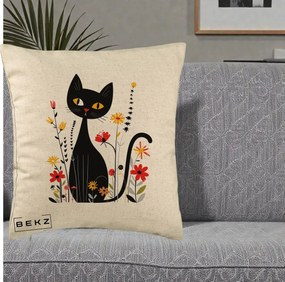 Perna Decorativa Pisica Neagra Ochi Galbeni Flori, 40x40 cm, Bej, Husa Detasabila, Perna Inclusa, BEKZ®