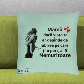 Cadou pentru Mama - Perna Personalizata Mama Nemuritoare Gravura Vintage, 40x40 cm, Verde Menta, Husa Detasabila, Perna Inclusa, BEKZ®