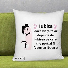 Cadou pentru Iubita - Perna Personalizata Iubita Nemuritoare cu Siluete de Cuplu, 40x40 cm, Alb Pufos, Husa Detasabila, Perna Inclusa, BEKZ®