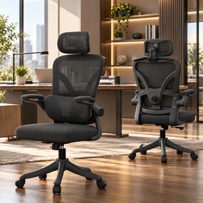 ErgoVision Sponge – Scaun Ergonomic, Suport Lombar Reglabil, Tetieră Reglabilă, Cotiere Rabatabile, Recliner 135°, Umeras, Mesh, Negru