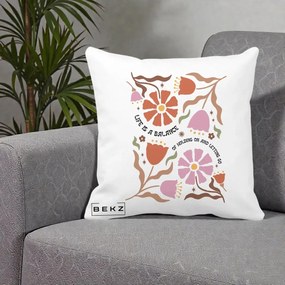 Perna Decorativa Life is a Balance Floral, 40x40 cm, Alba Mata, Husa Detasabila, Perna Inclusa, BEKZ®