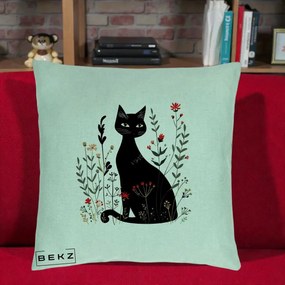 Perna Decorativa Pisica Neagra Botanica Rosu-Gri, 40x40 cm, Verde Menta, Husa Detasabila, Perna Inclusa, BEKZ®
