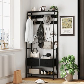 HOMCOM Suport pentru haine industrial cu 2 sertare textile, raft, 8 cârlige și cadru din oțel, 80 x 30 x 180,5 cm, negru | Aosom Romania