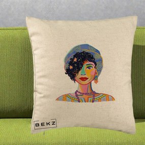 Perna Decorativa Portret Femeie Etnic Colorat, 40x40 cm, Bej, Husa Detasabila, Perna Inclusa, BEKZ®