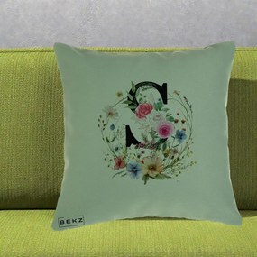 Cadou Personalizat - Perna Personalizata Monogram Litera S cu Flori Acuarela, 40x40 cm, Verde, Husa Detasabila, Perna Inclusa, BEKZ®