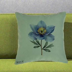 Perna Decorativa Anemona Albastra Botanica, 40x40 cm, Verde, Husa Detasabila, Perna Inclusa, BEKZ®