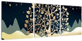Tablou cu copac auriu (cu ceas) (90x30 cm)