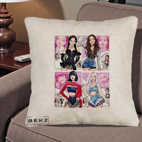 Perna Personalizata K-pop BLACKPINK Fanart Manga Benzi Desenate 4 Membre, 40x40 cm, Bej Canapea, Husa Detasabila, Perna Inclusa, BEKZ®