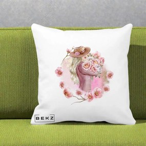 Perna Decorativa Femeie cu Flori Roz Acuarela, 40x40 cm, Alba Mata, Husa Detasabila, Perna Inclusa, BEKZ®