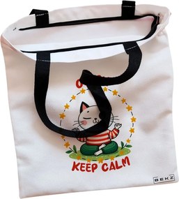 Sacosa de Panza pentru Cumparaturi, Geanta Tote, Yoga Ommm Keep Calm, Cu fermoar, 38x34.5 cm, Alba, BEKZ®