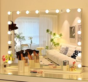 Oglindă cosmetică, sistem iluminare LED cu 3 culori, Senzor Tactil, Luminozitate Reglabilă, 18 becuri LED, Port de încărcare USB, Alb, 80x60 cm