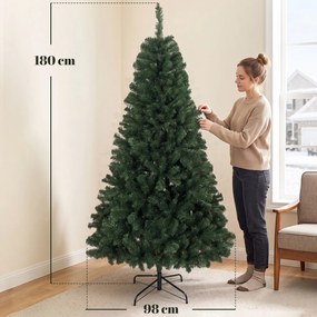 HOMCOM Brad Artificial de Crăciun, 180 cm, 888 Ramuri Ignifuge, Bază Metalică Pliabilă, Verde | Aosom Romania