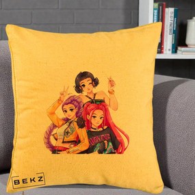 Perna Personalizata K-pop HUNTRX Trio Animat Fete Foto, 40x40 cm, Galben, Husa Detasabila, Perna Inclusa, BEKZ®