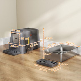 PawHut Litieră Închisă de 80L pentru Pisici cu Tavă Detașabilă, în ABS și Oțel Inoxidabil, 63x43x43 cm, Gri Închis | Aosom Romania