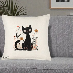 Perna Decorativa Pisica Neagra Flori Pastel Folk, 40x40 cm, Crem Reliefat, Husa Detasabila, Perna Inclusa, BEKZ®