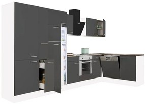 Dulap de bucătărie de colț Yorki 370, corp alb, față antracit satinat, element cuptor inferior, dulap cu raft, frigider congelator superior