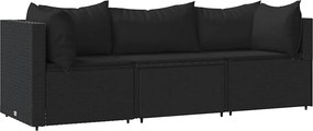 vidaXL Set mobilier de grădină cu perne, 3 piese, negru, poliratan