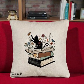 Perna Personalizata Pisica Neagra Carti Flori Fluturi, 40x40 cm, Bej Canapea, Husa Detasabila, Perna Inclusa, BEKZ®