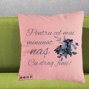 Cadou pentru Nas - Perna Personalizata Pentru Cel mai Minunat Nas Cu drag Finii, 40x40 cm, Roz, Husa Detasabila, Perna Inclusa, BEKZ®