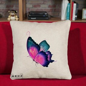 Perna Decorativa Fluture Neon, 40x40 cm, Bej Canapea, Husa Detasabila, Perna Inclusa, BEKZ®