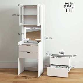 HOMCOM Stație de Machiaj cu Lumini LED în 3 Culori, Oglindă Rabatabilă, Scaun Ascuns, Măsuță de Machiaj cu Scaun Îmbunătățit, 3 Sertare, Compartiment, Dulap cu Uși din Sticlă, Modern, Alb | Aosom Romania