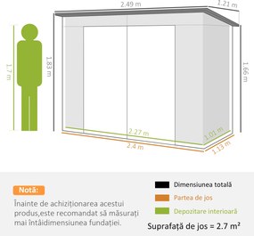 Outsunny Adăpost de Grădină 8 x 4FT din Metal, cu Uși Duble și 2 Ventilații, Gri | Aosom Romania