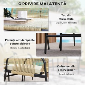 Outsunny Set pentru Exterior din Canapea cu 2 Locuri, 2 Fotolii cu Perne și Măsuță de Cafea din Sticlă, 110x65x74 cm, Galben | Aosom Romania