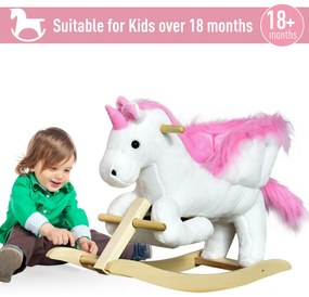 Cal tip Balansoar Unicorn cu Muzica HOMCOM, Structura din Metal si Lemn, Tepiterie din Plus, 65x32x55cm, Alb Roz | Aosom Romania