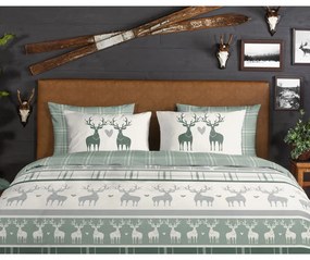 Lenjerie de pat verde/crem din flanelă pentru pat dublu/extinsă 200x220 cm Bjirk – Good Morning