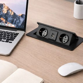 Priză încorporabilă în blat Kombibox Design Light, 2 prize Schuko, USB A + C, negru, 266 x 133 mm Metal, L:266 mm; l:133 mm, Negru