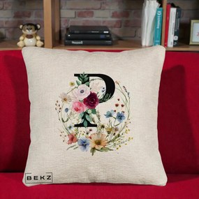 Cadou Personalizat - Perna Personalizata Monogram Litera P cu Flori Acuarela, 40x40 cm, Bej Canapea, Husa Detasabila, Perna Inclusa, BEKZ®