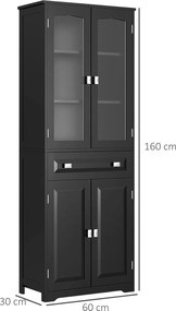 HOMCOM Bufet înalt dulap de bucătărie 4 uși dintre care 2 uși vitrate și 1 sertar înălțime 160 cm cu polițe din lemn negru | Aosom Romania