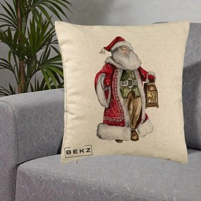 Perna Decorativa Mos Craciun Vintage cu Felinar, 40x40 cm, Bej, Husa Detasabila, Perna Inclusa, BEKZ®