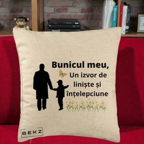 Cadou pentru Bunic - Perna Personalizata Bunicul Meu Izvor de Liniste cu Fluture si Baietel, 40x40 cm, Bej, Husa Detasabila, Perna Inclusa, BEKZ®
