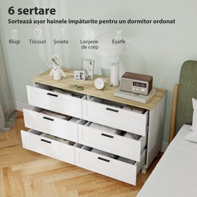 HOMCOM Comodă cu 6 Sertare Modernă din PAL, Lemn de Pin și MDF, 120x38x71 cm, Alb și Culoare Lemn | Aosom Romania
