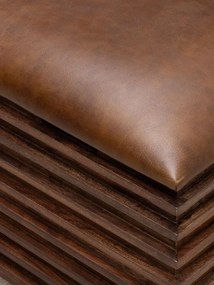 Banchetă din piele naturală cu structură și spațiu de depozitare din lemn de acacia, maro antichizat, finisaj lucios, 110×40,5×36 cm, „Leya"