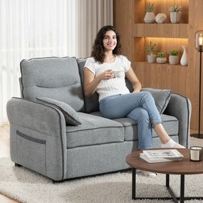 HOMCOM Canapea 2 locuri, canapea de living din velur egiptean, 2 perne incluse, buzunar lateral, 136 x 81 x 90 cm, gri | Aosom Romania