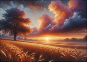 Tablou pe sticlă – Apus de soare pe câmp (70x50 cm)