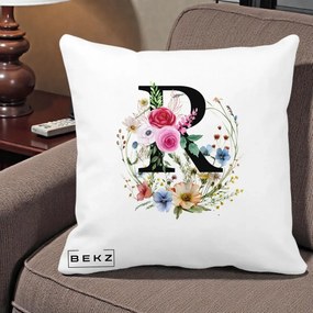 Cadou Personalizat - Perna Personalizata Monogram Litera R cu Flori Acuarela, 40x40 cm, Alba Mata, Husa Detasabila, Perna Inclusa, BEKZ®