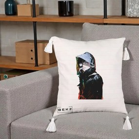 Perna Personalizata Tokyo Ghoul Ken Kaneki cu Masca si Gluga, 40x40 cm, Bej cu Franjuri, Husa Detasabila, Perna Inclusa, BEKZ®
