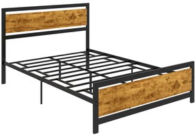 HOMCOM Cadru de Pat Single din Lemn și Oțel 140x200cm, Sipci, Tetieră Stil Industrial, Negru/Maro Rustic | Aosom Romania